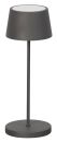 Moderne, graue Tischlampe mit rundem Fuß und schlichtem Design, ideal für Schreibtisch oder Wohnzimmer.