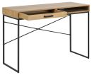 Moderner Schreibtisch aus Holz mit schwarzem Metallgestell, einer Schublade und zwei offenen Fächern.