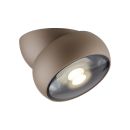 Moderne, braune LED-Deckenleuchte mit rundem Design, Glasabdeckung und warmweiu00dfem Licht auf weiu00dfem Hintergrund.