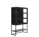 Schwarzer Vitrinenschrank aus Holz und Glas mit Metallgestell, modernes Design, Stauraum und Ausstellungsfläche.