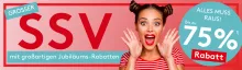 Werbegrafik zum grossen SSV mit bis zu 75 % Rabatt, auffälligem Text und einer überraschten Frau vor rotem Hintergrund. Details stehen auch unterhalb des Bildes.