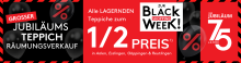Banner mit Black Shopping Week, Jubiläum 75 Jahre, Teppich-Räumungsverkauf, 1/2 Preis in vier Städten.