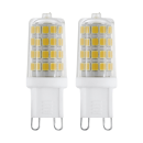 Zwei G9 LED-Lampen mit vielen gelben Leuchtdioden, energiesparend, für Innenbeleuchtung, auf weißem Hintergrund.