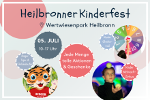 Werbeplakat für das Heilbronner Kinderfest mit bunten Grafiken, Datum 6. Juli und Kinderprogramm. Werbeplakat für das Heilbronner Kinderfest mit bunten Grafiken, Datum 6. Juli und Kinderprogramm.