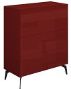 Dunkelrote Kommode mit vier Schubladen und schwarzen Metallbeinen, modernes Design, Mu00f6bel fu00fcr Schlafzimmer.