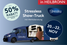 Stressless Show-Truck in Heilbronn, 50% Rabatt auf Ausstellungsstücke, Werksberatung, 20.–22. November.