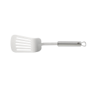 Edelstahl-Küchenspatel mit Schlitzen, ideal zum Wenden von Speisen, Küchenutensil auf weißem Hintergrund.