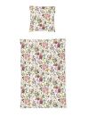Bettwäsche-Set mit buntem Blumenmuster auf weißem Hintergrund, bestehend aus Decke und Kissen.
