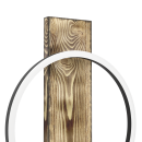 Modernes LED-Ringlicht vor rustikalem Holzpfosten, minimalistische Beleuchtung, Design-Lampe, Innenraum-Dekor.