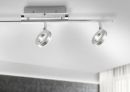 Moderne LED-Deckenleuchte aus Chrom mit zwei schwenkbaren Spots, energiesparend, für Wohnzimmer geeignet.