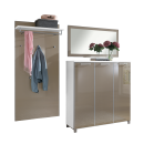 Modernes Flur-Garderobenset mit Spiegel, Schuhschrank, Kleiderhaken, Ablage und Dekoration im Eingangsbereich.