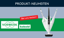 Drei Vorwerk Kobold Staubsauger als Produktneuheiten, jetzt bei uns testen, auf grünem Hintergrund.