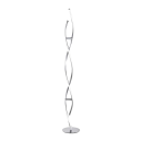 Moderne LED-Stehlampe in Chrom mit geschwungenem, spiralförmigem Design auf rundem Standfuß.