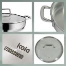 Edelstahlpfanne mit Glasdeckel, Griffen und Kela-Logo, geeignet für alle Herdarten, modern und robust.