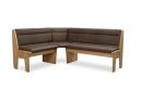 Eckbank aus Holz mit brauner Polsterung, moderne Sitzgelegenheit für Esszimmer oder Küche, freigestellt.