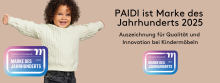 PAIDI ist Marke des Jahrhunderts 2025 Lachendes Kind mit ausgestreckten Armen vor beigefarbenem Hintergrund; daneben Text zur Auszeichnung von PAIDI als Marke des Jahrhunderts 2025.
