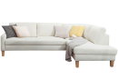 Ecksofa in Beige mit Holzfüßen, dekoriert mit Kissen und Decke, modernes Wohnzimmermöbel.