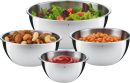 WMF 4-tlg Küchenschüssel-Set Gourmet Vier Edelstahlschüsseln mit Salat, Nüssen, Bohnen und Ketchup, ideal für Küche und Lebensmittelaufbewahrung.