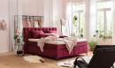 Modernes Schlafzimmer mit Boxspringbett in Bordeaux, großen Fenstern, Pflanzen und offenem Kleiderschrank.