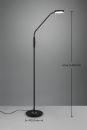 Schwarze LED-Stehlampe, höhenverstellbar bis 1600 mm, runder Standfuß 250 mm, modernes Design.