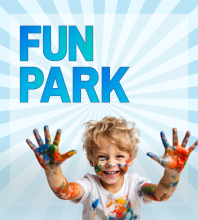 Grafik mit blauem Schriftzug „Fun Park“ und einem lachenden Kind mit bunt bemalten Händen.