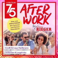 Werbeanzeige für ein After-Work-Event von Möbel Rieger mit feiernden Menschen, Getränken und Infos zur Sommerparty mit DJ und Longdrinks. Werbeanzeige für ein After-Work-Event von Möbel Rieger mit feiernden Menschen, Getränken und Infos zur Sommerparty mit DJ und Longdrinks.