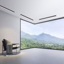 Modernes Wohnzimmer mit Panoramafenster, Blick auf grüne Berge, minimalistisches Design, Sessel und Decke.