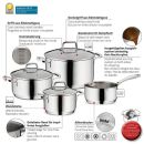 Vierteiliges Kochtopf-Set aus Edelstahl 18/10 mit Glasdeckel, Ausgießrand und Innenskalierung, induktionsgeeignet.