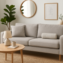 Modernes Wohnzimmer mit beigem Sofa, Holztisch, Zimmerpflanze, runder Spiegel und minimalistischer Wandkunst.