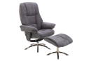 Grauer Relaxsessel mit passendem Hocker, gepolstert, auf Metallfüßen, ideal für Wohnzimmer und Büro.