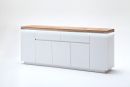 Modernes Sideboard weiß mit Holzplatte, LED-Beleuchtung, Stauraum, minimalistisches Design, Wohnzimmermöbel.