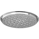 Runde Edelstahl-Regendusche mit Wassertropfen, moderne Duschkopf-Armatur für Badezimmer, Nahaufnahme.