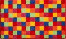Bunter Teppich mit kariertem Muster in Rot, Blau, Gelb, Orange und Gru00fcn, rechteckig, moderne Wohnkultur.
