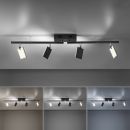 Moderne LED-Deckenleuchte mit vier verstellbaren Spots, verschiedene Lichtfarben, energiesparende Beleuchtung.