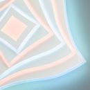 Abstraktes Wandbild mit geometrischen, leuchtenden Linien in Pastellfarben auf hellem Hintergrund.