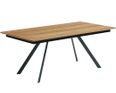Moderner Esstisch mit rechteckiger Holzplatte und schwarzen Metallbeinen, minimalistisches Design.