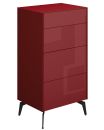 Rote Kommode mit vier Schubladen und schwarzen Beinen, modernes Design, Möbel für Schlafzimmer oder Wohnzimmer.