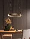 Moderne LED-Ring-Pendelleuchte über Esstisch mit Deko, Büchern und grünen Vasen in stilvollem Esszimmer.