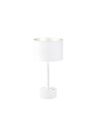 Moderne weiu00dfe Tischlampe mit rundem Lampenschirm und stabilem Standfuu00df auf weiu00dfem Hintergrund.