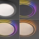 Moderne LED-Deckenleuchte mit rundem Design, zeigt verschiedene bunte Lichtfarben: weiß, blau, gelb, pink.