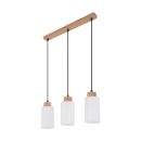 Moderne Pendelleuchte mit drei weißen Glaslampenschirmen und Holzdetails, ideal für Esszimmer oder Küche.