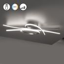 Moderne LED-Deckenleuchte in Silber mit geschwungenem Design, dimmbar und Farbtemperatur einstellbar.