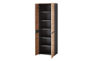 Hoher, brauner Holzschrank mit offenen Türen und fünf Einlegeböden, ideal als Aufbewahrungsschrank.