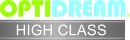 Logo von OPTIDREAM HIGH CLASS, grüne und blaue Schrift auf silbernem Hintergrund, Markenlogo für Premiumprodukte.