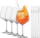 Vier elegante Weingläser mit Glasstrohhalmen, ein Cocktail mit Orangenscheibe, Reinigungsbürste, Zwiesel-Logo.