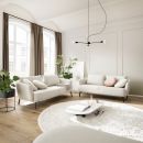 Zwei moderne, beige Sofas mit Kissen und Decke auf schwarzen Beinen, Wohnzimmermöbel im skandinavischen Stil.