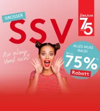 Grafik zur Jubiläumsaktion: GROßER SSV bei Möbel Rieger mit bis zu 75 % Rabatt – nur solange der Vorrat reicht. Alles muss raus! Hinweis: Die Aktionsbedingungen findest DU unter dem Bild.