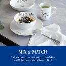 Frühstücksset mit Müslischale, Teller, Tasse und Löffel auf Tisch, Villeroy & Boch Lieblingsmensch Kollektion.