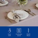 Elegant gedeckter Tisch mit weißem Porzellan, grauer Stoffserviette, Besteck und Weingläsern für festliches Dinner.
