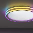 Moderne LED-Deckenleuchte rund mit RGB-Farbwechsel, leuchtet in Gelb, Lila und Weiß an weißer Zimmerdecke.